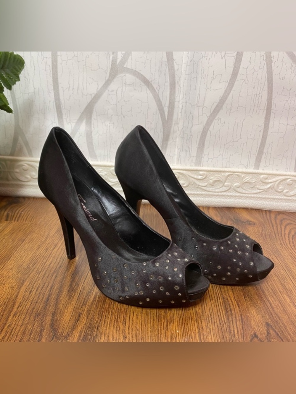 𝅺🌷Club Townsend🌷 Sexy Black Satin Rhinestone Heel Open Toe Stiletto Pumps